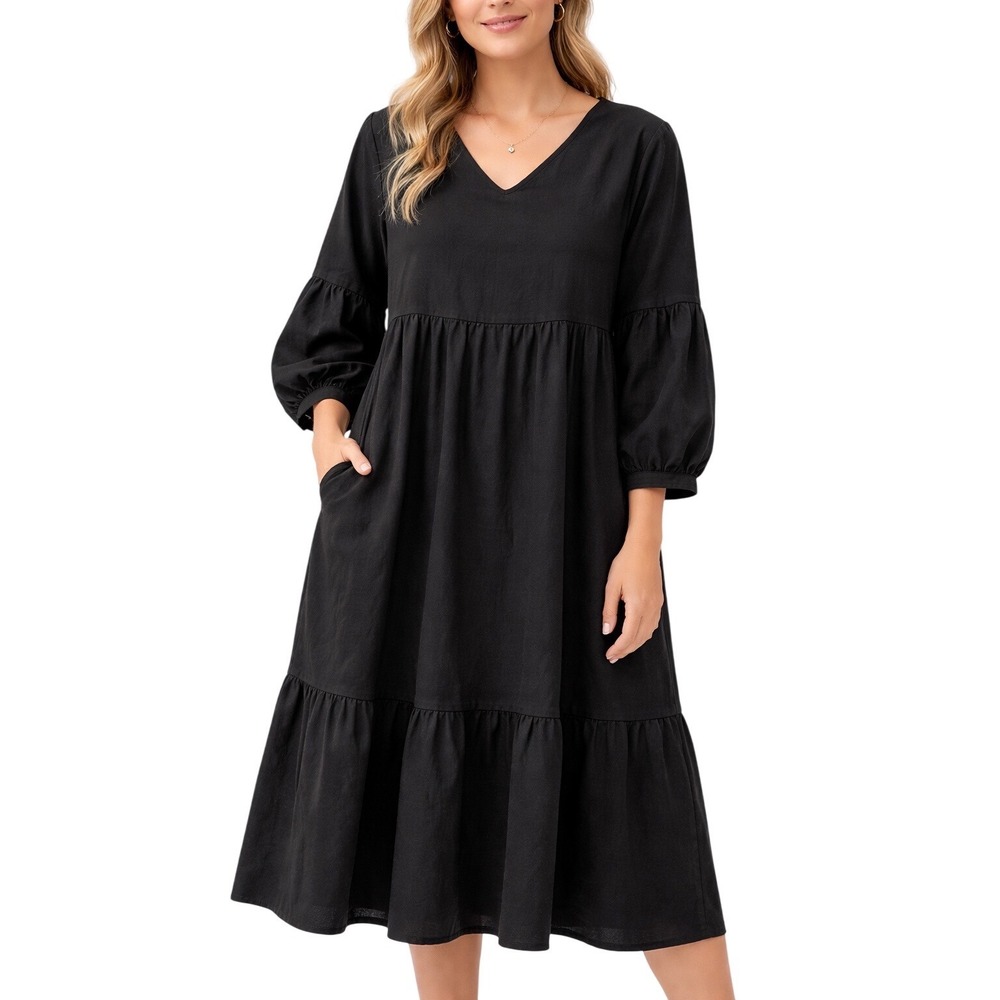 Grace Karin Black V-Neck Tiered Midi Dress Long Puff Sleeve Boho Casual XL EUC